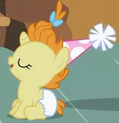 Size: 567x589 | Tagged: safe, derpibooru import, screencap, pumpkin cake, pony, unicorn, baby cakes, baby, baby pony, cute, diaper, diapered, diapered filly, eyes closed, female, filly, foal, happy, happy baby, hat, one month old filly, open mouth, party hat, sitting, smiling, solo, white diaper