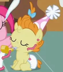 Size: 505x574 | Tagged: safe, derpibooru import, screencap, pinkie pie, pumpkin cake, pony, baby cakes, baby, baby pony, cute, diaper, diapered, diapered filly, eyes closed, female, filly, happy, happy baby, hat, noisemaker, one month old filly, party hat, sitting, smiling, white diaper