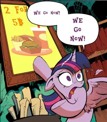 Size: 862x983 | Tagged: safe, derpibooru import, idw, twilight sparkle, twilight sparkle (alicorn), alicorn, pony, spoiler:comic, feather, female, hay burger, mare, meme, open mouth, pointing, shocked, solo, that pony sure does love burgers, tongue out, twilight burgkle, wide eyes