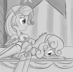 Size: 896x885 | Tagged: suggestive, artist:ohohokapi, deleted from derpibooru, derpibooru import, rarity, sweetie belle, equestria girls, for whom the sweetie belle toils, breasts, clothes, female, grayscale, humanized, monochrome, panties, skirt, skirt flip, spanking, underwear, upskirt