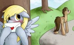 Size: 800x487 | Tagged: safe, artist:derpybloo, derpibooru import, derpy hooves, doctor whooves, time turner, pony, bipedal, blushing, cute, derpabetes, doctorderpy, female, floppy ears, fluffy, hiding, letter, love letter, male, nervous, shipping, shy, spread wings, straight