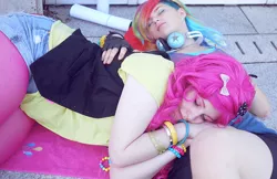 Size: 800x518 | Tagged: safe, artist:glasmond, artist:schpog, derpibooru import, pinkie pie, rainbow dash, human, cosplay, friendshipping, irl, irl human, photo, sleeping