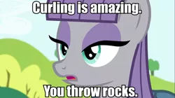 Size: 961x539 | Tagged: curling, image macro, maud pie, meme, safe, solo