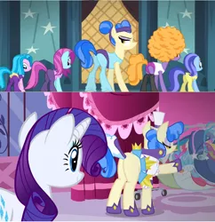 Size: 762x786 | Tagged: safe, derpibooru import, edit, edited screencap, screencap, blue cutie, foxxy trot, rarity, sapphire shores, pony, a dog and pony show, for whom the sweetie belle toils, comic, comparison, eyes on the prize, female, leotard, mare, plot, screencap comic