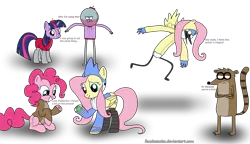Size: 3500x2010 | Tagged: safe, artist:facelesssoles, derpibooru import, fluttershy, pinkie pie, twilight sparkle, benson, clothes, costume, crossover, hoodie, mordecai, mordecai and rigby, regular show, rigby