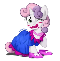 Size: 1772x1806 | Tagged: 5-year-old sweetie belle, artist:jcosneverexisted, blushing, clothes, dress, for whom the sweetie belle toils, high heels, lipstick, safe, solo, sweetie belle