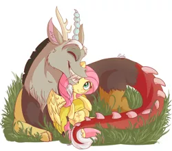 Size: 1600x1400 | Tagged: artist:evehly, cuddling, derpibooru import, discord, duo, eyes closed, fangs, female, fluttershy, friendshipping, grass, grin, hug, male, nuzzling, prone, safe, sitting, smiling, snuggling, spread wings, wink
