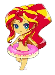 Size: 1611x2188 | Tagged: safe, artist:choco-cocco, derpibooru import, sunset shimmer, equestria girls, belly button, bikini, chibi, cleavage, clothes, cute, female, floaty, inner tube, shimmerbetes, solo, swimsuit