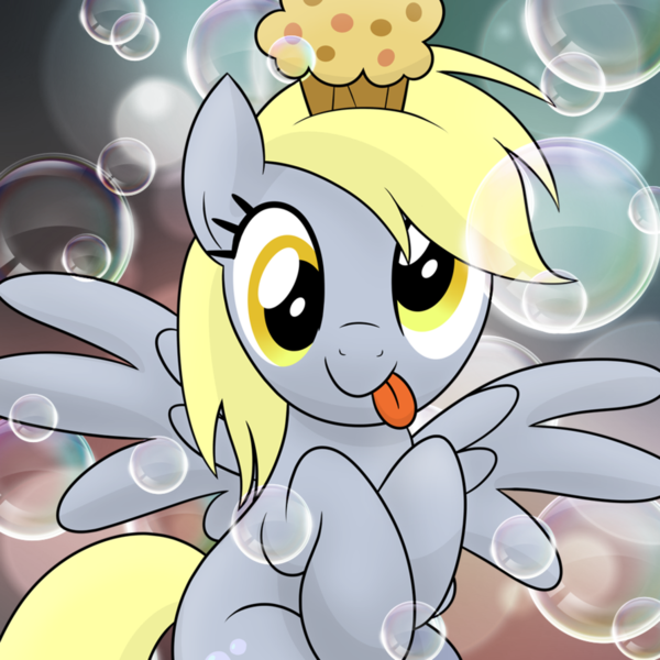 Size: 894x894 | Tagged: safe, artist:drawponies, derpibooru import, derpy hooves, pegasus, pony, best pony, bubble, cute, derpabetes, muffin, solo, tongue out