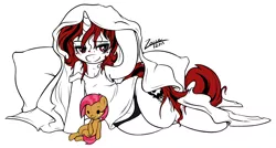 Size: 1174x628 | Tagged: suggestive, artist:zajice, derpibooru import, babs seed, oc, oc:lilith, unofficial characters only, pony, semi-anthro, unicorn, bed mane, clothes, female, mare, panties, solo, underwear