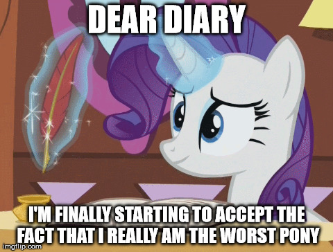 Size: 480x364 | Tagged: background pony strikes again, diary, image macro, meme, mouthpiece, obvious troll, quill, rarity, safe, solo, worst pony