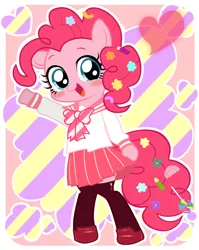 Size: 1340x1680 | Tagged: safe, artist:momo, derpibooru import, pinkie pie, pony, semi-anthro, askharajukupinkiepie, bipedal, blushing, candy, clothes, cute, diapinkes, food, heart, looking at you, open mouth, pixiv, school uniform, schoolgirl, skirt, smiling, solo, sweets