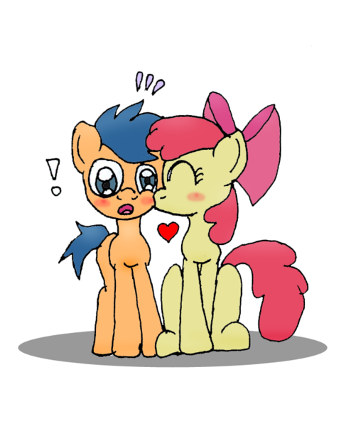 Size: 627x751 | Tagged: apple bloom, artist:jrapcdaikari, bloombase, blushing, colt, derpibooru import, exclamation point, eyes closed, female, filly, first base, floating heart, heart, kissing, male, safe, shipping, simple background, straight, surprised, surprise kiss, sweat, sweatdrops, transparent background