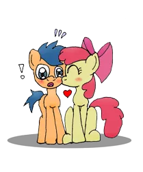 Size: 627x751 | Tagged: apple bloom, artist:jrapcdaikari, bloombase, blushing, colt, derpibooru import, exclamation point, eyes closed, female, filly, first base, floating heart, heart, kissing, male, safe, shipping, simple background, straight, surprised, surprise kiss, sweat, sweatdrops, transparent background