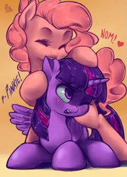 Size: 679x950 | Tagged: safe, artist:phurie, derpibooru import, pinkie pie, twilight sparkle, twilight sparkle (alicorn), alicorn, pony, bipedal, blushing, cute, ear bite, eyes closed, female, heart, lesbian, mare, nom, open mouth, prone, shipping, smiling, twinkie, wink