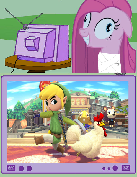 Size: 580x750 | Tagged: cucco, derpibooru import, exploitable meme, meme, obligatory pony, pinkamena diane pie, pinkie pie, safe, super smash bros., super smash bros. 4, the legend of zelda, this will end in tears, this will end in tears and/or death, toon link, tv meme