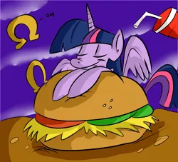 Size: 1280x1163 | Tagged: safe, artist:benja, derpibooru import, twilight sparkle, twilight sparkle (alicorn), alicorn, pony, ask-ask-the-ponies, eyes closed, female, hay burger, mare, smiling, solo, that pony sure does love burgers, twilight burgkle