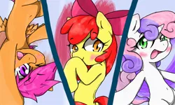 Size: 800x480 | Tagged: safe, artist:azurepicker, derpibooru import, apple bloom, scootaloo, sweetie belle, earth pony, pegasus, pony, unicorn, adorabloom, blushing, cute, cutealoo, cutie mark crusaders, diasweetes, female, filly, one eye closed, open mouth, pixiv, wink
