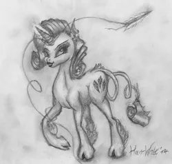 Size: 815x776 | Tagged: safe, artist:harwalt, derpibooru import, rarity, classical unicorn, cloven hooves, leonine tail, monochrome, solo, traditional art, unshorn fetlocks