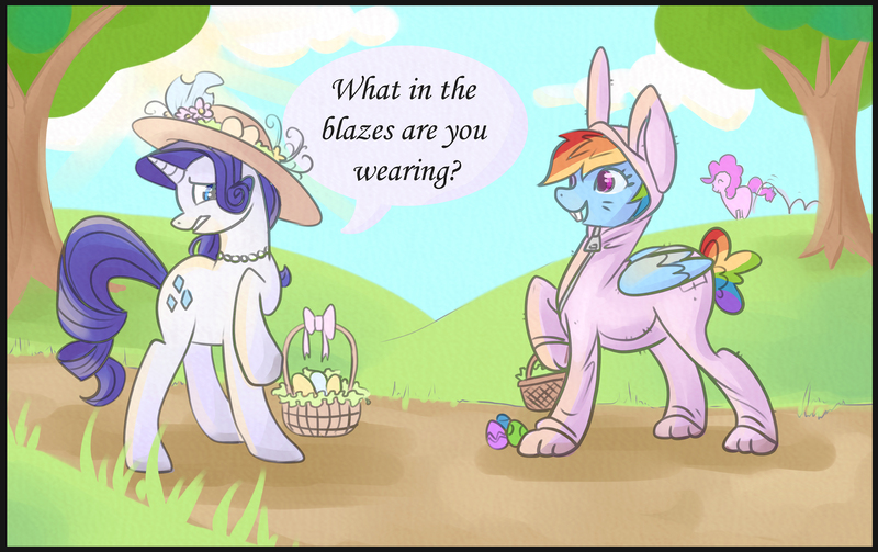 Size: 3893x2448 | Tagged: safe, artist:invalidabsence, derpibooru import, pinkie pie, rainbow dash, rarity, basket, bunny costume, clothes, costume, easter, easter egg, hat, necklace