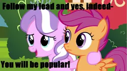 Size: 1281x719 | Tagged: derpibooru import, diamond tiara, lyrics, not sure if want, popular, safe, scootaloo, screencap, song reference, twilight time, wicked