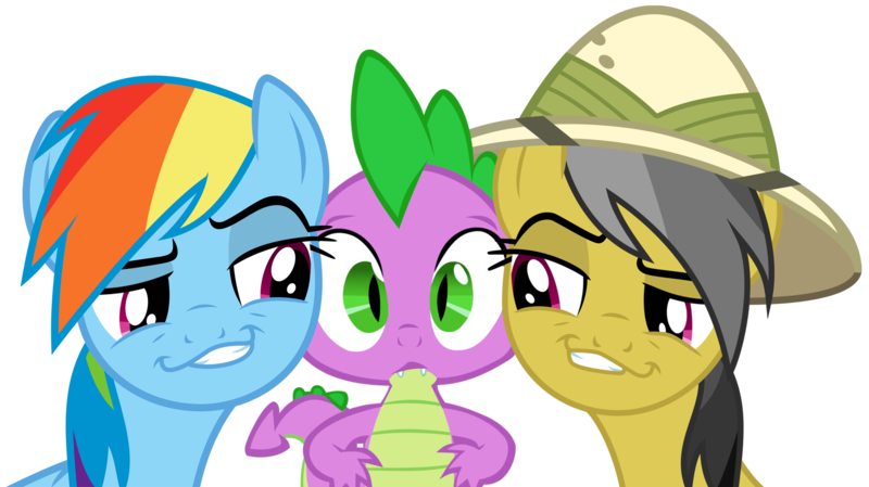 Size: 2522x1416 | Tagged: artist:titanium-pony, daring do, daringspike, dead source, derpibooru import, female, male, rainbow dash, rainbowspike, safe, shipping, smugdash, spike, spike gets all the mares, straight, vector edit