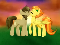 Size: 4800x3600 | Tagged: safe, artist:sugarberry, derpibooru import, spitfire, oc, oc:chocolate chips, earth pony, pegasus, pony, absurd resolution, blushing, canon x oc, clover, cute, eyes closed, female, firechips, four leaf clover, grass, kissing, love, male, mare, raised hoof, shipping, stallion, stars, straight, sunset, windswept mane