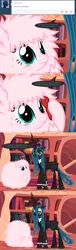 Size: 650x2125 | Tagged: safe, artist:mixermike622, derpibooru import, queen chrysalis, oc, oc:fluffle puff, tumblr:ask fluffle puff, ask, blushing, businessalis, businessmare, business suit, canon x oc, chrysipuff, clothes, comic, faceplant, female, lesbian, pantyhose, shipping, suit, sweat, sweating towel guy, tumblr