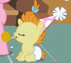 Size: 586x523 | Tagged: safe, derpibooru import, screencap, pumpkin cake, pony, baby cakes, baby, baby pony, cute, diaper, diapered, diapered filly, eyes closed, female, filly, hat, noisemaker, one month old filly, open mouth, party hat, sitting, solo, white diaper