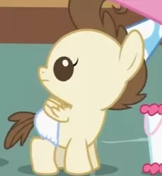 Size: 539x584 | Tagged: safe, derpibooru import, screencap, pound cake, pony, baby cakes, baby, baby pony, colt, cute, diaper, diapered, diapered colt, hat, male, one month old colt, party hat, solo, standing, unsure, white diaper