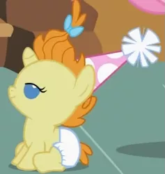 Size: 547x577 | Tagged: safe, derpibooru import, screencap, pumpkin cake, pony, baby cakes, baby, baby pony, cute, diaper, diapered, diapered filly, female, filly, happy, happy baby, hat, lidded eyes, one month old filly, party hat, sitting, smiling, solo, white diaper