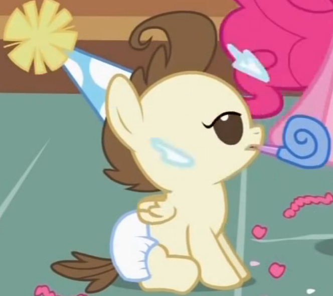 Size: 664x590 | Tagged: safe, derpibooru import, screencap, pound cake, pony, baby cakes, baby, baby pony, colt, cute, diaper, diapered, diapered colt, hat, lidded eyes, male, noisemaker, one month old colt, open mouth, party hat, sitting, solo, white diaper