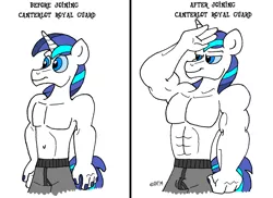 Size: 3507x2552 | Tagged: anthro, artist:dragonboi471, bare chest, before and after, belly button, boxers, clothes, derpibooru import, muscles, safe, shining armor, solo, swelling armor, topless, underwear