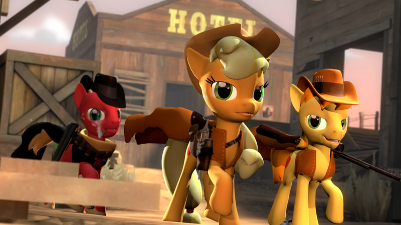 Size: 1920x1080 | Tagged: safe, artist:d0ntst0pme, derpibooru import, applejack, big macintosh, braeburn, earth pony, pony, 3d, bandolier, cape, cigar, clothes, gmod, holster, male, stallion, weapon, western