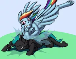 Size: 1000x773 | Tagged: artist:foxenawolf, changeling, derpibooru import, eyes closed, fanfic art, fanfic:growing up dandy, fluffy, glare, gritted teeth, oc, outdoors, prone, rainbow dash, safe, spread wings, tackle, unshorn fetlocks, violence