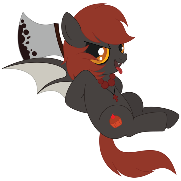 Size: 1600x1600 | Tagged: safe, artist:daieny, derpibooru import, oc, unofficial characters only, bat pony, pony, axe, cross, cute, dark, fangs, looking at you, necklace, open mouth, sitting, smiling, solo, tongue out