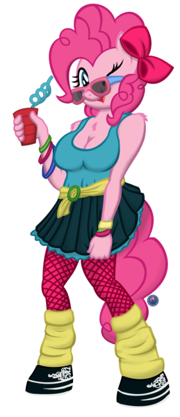 Size: 2160x5000 | Tagged: 80s, anthro, artist:template93, bow, cleavage, clothes, cup, derpibooru import, fashion, female, fishnets, glasses, pinkie pie, safe, skirt, socks, solo, sunglasses, swirly straw, tanktop