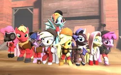 Size: 1024x640 | Tagged: safe, artist:d4rkm4nolo, derpibooru import, applejack, berry punch, berryshine, big macintosh, derpy hooves, fluttershy, pinkie pie, rainbow dash, rarity, twilight sparkle, earth pony, pony, 3d, crossover, demoman, engineer, heavy, male, medic, pyro, scout, sniper, soldier, source filmmaker, spy, stallion, team fortress 2