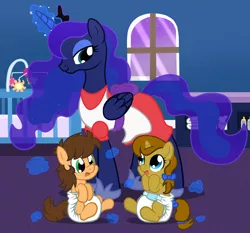 Size: 1500x1400 | Tagged: safe, artist:fillyscoots42, derpibooru import, princess luna, oc, oc:charlie horse, oc:star song, pony, age regression, baby, baby pony, diaper, foal, maternaluna, nursery, poofy diaper