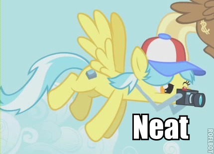 Size: 430x309 | Tagged: safe, derpibooru import, edit, edited screencap, screencap, big shot, shutterfly, tracy flash, pegasus, pony, green isn't your color, camera, cropped, female, flying, image macro, male, mare, meme, neat, solo focus, stallion