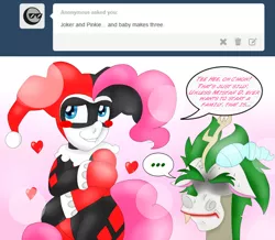 Size: 2280x1987 | Tagged: safe, artist:blackbewhite2k7, derpibooru import, discord, pinkie pie, ask, batman, blushing, crossover, dc comics, discopie, female, harley quinn, heart, jokercord, male, pinkie quinn, shipping, straight, the joker, tumblr