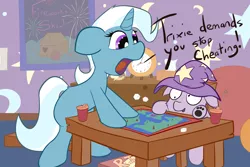 Size: 6000x4000 | Tagged: safe, artist:solipsus, derpibooru import, trixie, pony, unicorn, board game, cup, female, filly, fireworks, hat, mare, plushie, risk, sippy cup, solo, wizard hat, younger