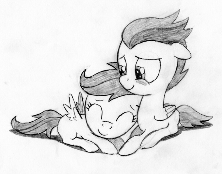 Size: 1563x1231 | Tagged: safe, artist:svetam, derpibooru import, rumble, scootaloo, blushing, commission, cuddling, cute, eyes closed, female, floppy ears, male, monochrome, nuzzling, prone, rumbloo, shipping, smiling, snuggling, straight, traditional art