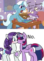 Size: 717x1000 | Tagged: safe, artist:luckyshy, artist:solipsus, derpibooru import, edit, rarity, trixie, twilight sparkle, twilight sparkle (alicorn), alicorn, pony, blushing, board game, female, lesbian, mare, rarilight, shipping, twixie