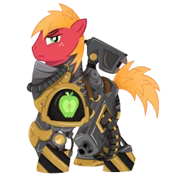 Size: 3600x3600 | Tagged: safe, artist:ahrimatt, derpibooru import, big macintosh, earth pony, pony, armor, crossover, heavy bolter, iron warriors, male, power armor, powered exoskeleton, solo, space marine, stallion, warhammer (game), warhammer 40k, weapon