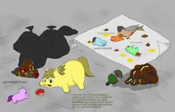 Size: 1375x879 | Tagged: abuse, alleyway, artist:carpdime, bird, blood, bone, bottle, crying, dead, derpibooru import, feral fluffy pony, fish, fluffy pony, fluffy pony foals, fluffy pony grimdark, foal abuse, food, grimdark, poop, pooping, rejection, skeleton, sneak attack, trash, urine, watermelon