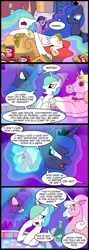 Size: 713x2000 | Tagged: safe, artist:madmax, derpibooru import, princess celestia, princess luna, twilight sparkle, twilight sparkle (alicorn), alicorn, pony, angry, body pillow, bravest warriors, champagne, chips, comic, crossover, cuckolding, doctor lollipop, dream, dream walker luna, female, food, hot tub, mare, pizza, sleeping, soda