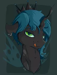Size: 1000x1300 | Tagged: suggestive, artist:evehly, derpibooru import, queen chrysalis, changeling, bedroom eyes, bust, changeling king, earring, king metamorphosis, licking lips, looking at you, male, piercing, portrait, rule 63, smiling, solo, tongue out