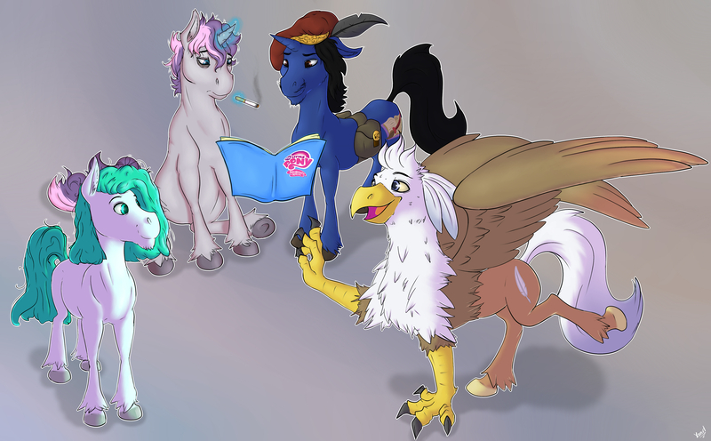 Size: 4000x2480 | Tagged: absurd resolution, analysis bronies, artist:xonxt, bronycurious, cigarette, classical hippogriff, comic book, derpibooru import, gibbontake, group shot, hat, hippogriff, magic, non-pony oc, oc, oc:digibrony, oc:silver quill, safe, semi-realistic, smoking, telekinesis, tudor cap, unofficial characters only