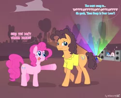 Size: 1860x1500 | Tagged: safe, artist:dsp2003, derpibooru import, cheese sandwich, pinkie pie, vinyl scratch, oc, oc:fluffle puff, bee gees, cheesepie, comic, cutie mark, dance floor, female, fluffle puffing, male, shipping, straight